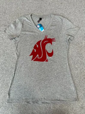 Ladies Light Grey WSU V-Neck T-Shirt