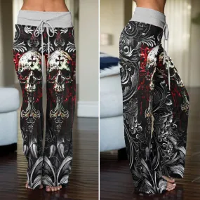 Red Cross Skull Art Women's High-waisted Wide Leg Pants